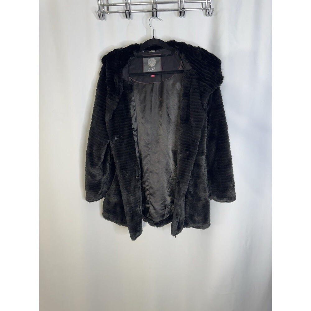 Vince Camuto Black Faux Fur Hooded Coat Jacket Women’s Size S Plush Winter